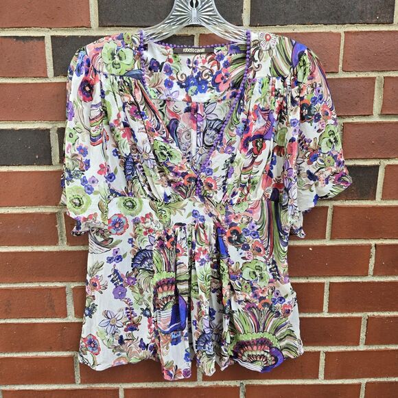 Roberto Cavalli Silk Bird Peacock Floral Print Blouse Size 42 (US 6-8) Italy - Picture 1 of 11